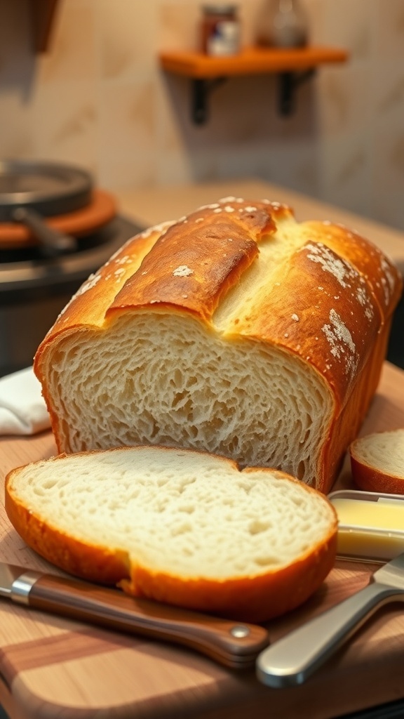 A freshly baked loaf of homemade bread sliced on a wooden board with butter.